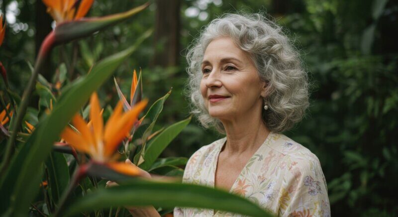 woman, nature, forest, old, alone, burnout, jungle, slow living, relax, natural, self care, recovery, care, health, plant, thoughtful, tropical, hair, balance, calm, garden, copy space, zen, ai generated