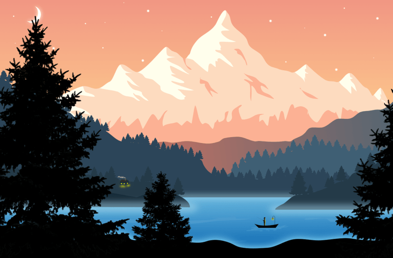 wallpaper, background, mountain, lake, trees, man, fishing, cabin, hills, stars, sunset, sunrise, nature, night, moon
