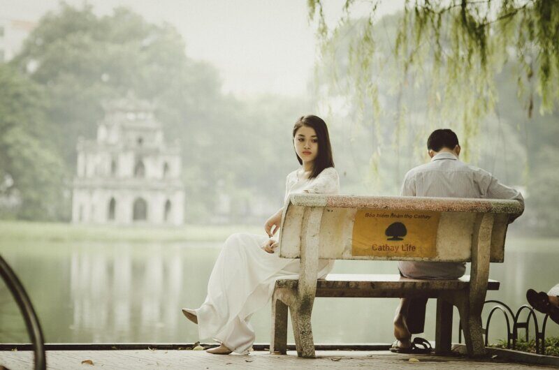 heartsickness, lover's grief, lovesickness, coupe, bench, sitting, sad girl, argument, quarrel, girl, hanoi, beautiful, female, people, vietnam, bright, woman, lifestyle, love, nature, outdoor, romance, romantic, summer, sad, concerned, lovelorn